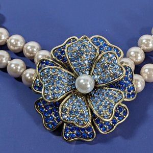 Heidi Daus "Blue Beginnings" Floral Crystal 2-Strand Faux Pearl Necklace RARE